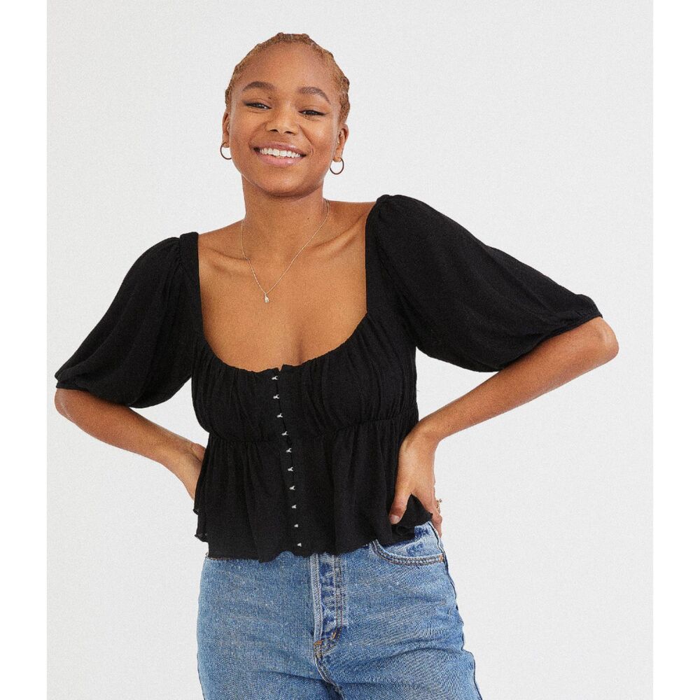 Urban Outfitters Lisabeth Half Sleeve Black Blouse Crop Top Black Extra Small XS